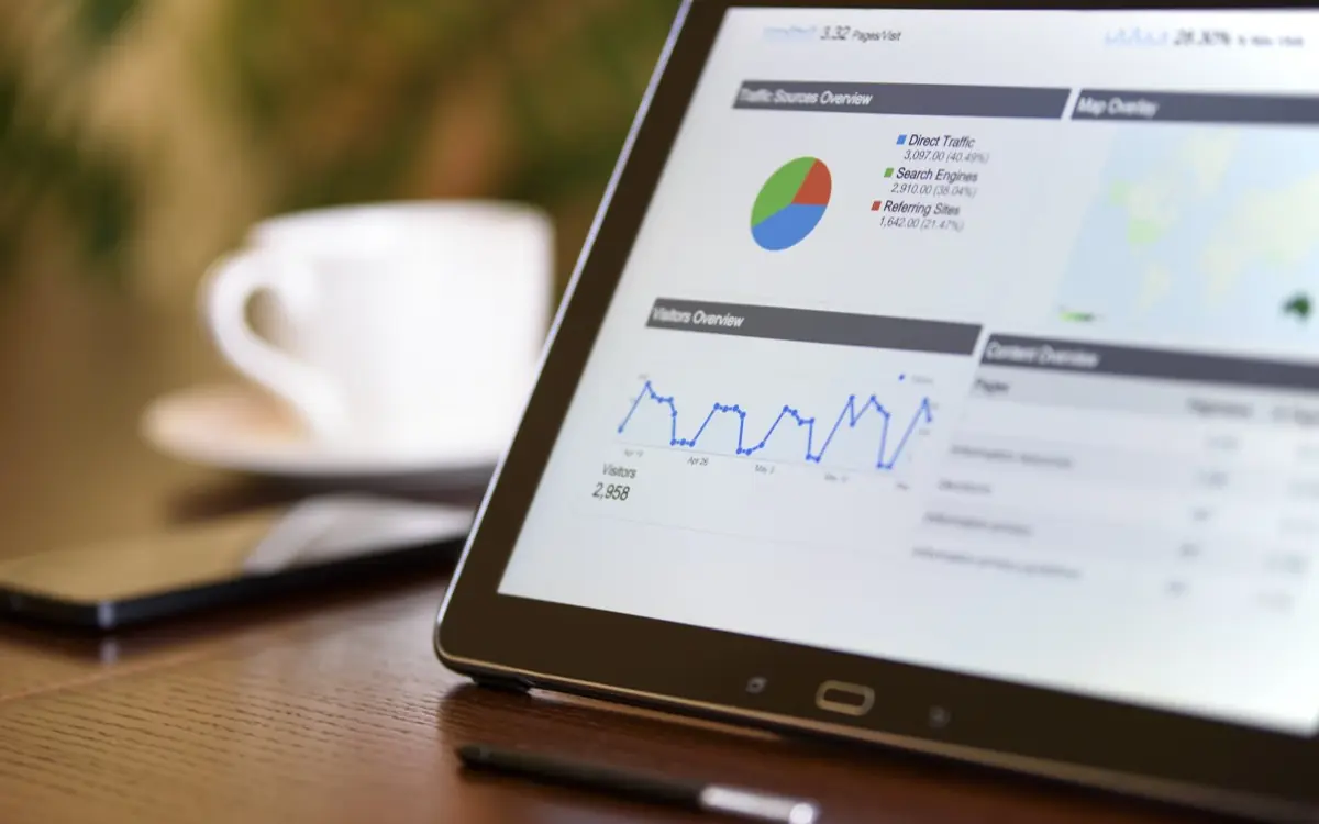 A tablet showing charts and analytics beside a cup of coffee