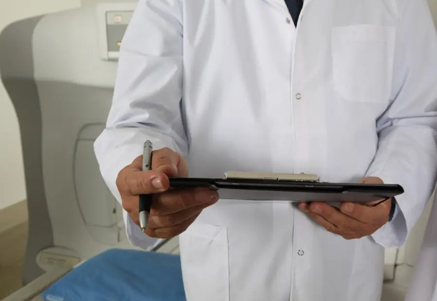 A clinician in a white coat reviewing notes on a clipboard
